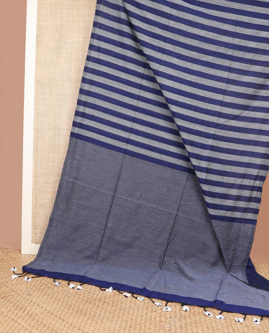 Borderless navy blue & grey color striped Kadhi cotton saree, plain design pallu