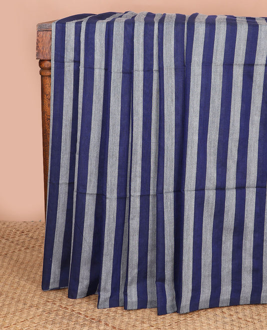Borderless navy blue & grey color striped Kadhi cotton saree, plain design pallu
