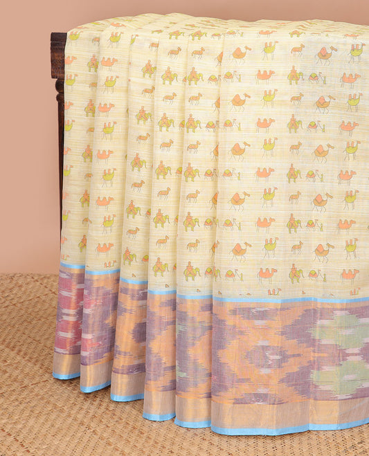 Lemon yellow camel motifs chirala cotton saree with contrast floral design border & striped pallu
