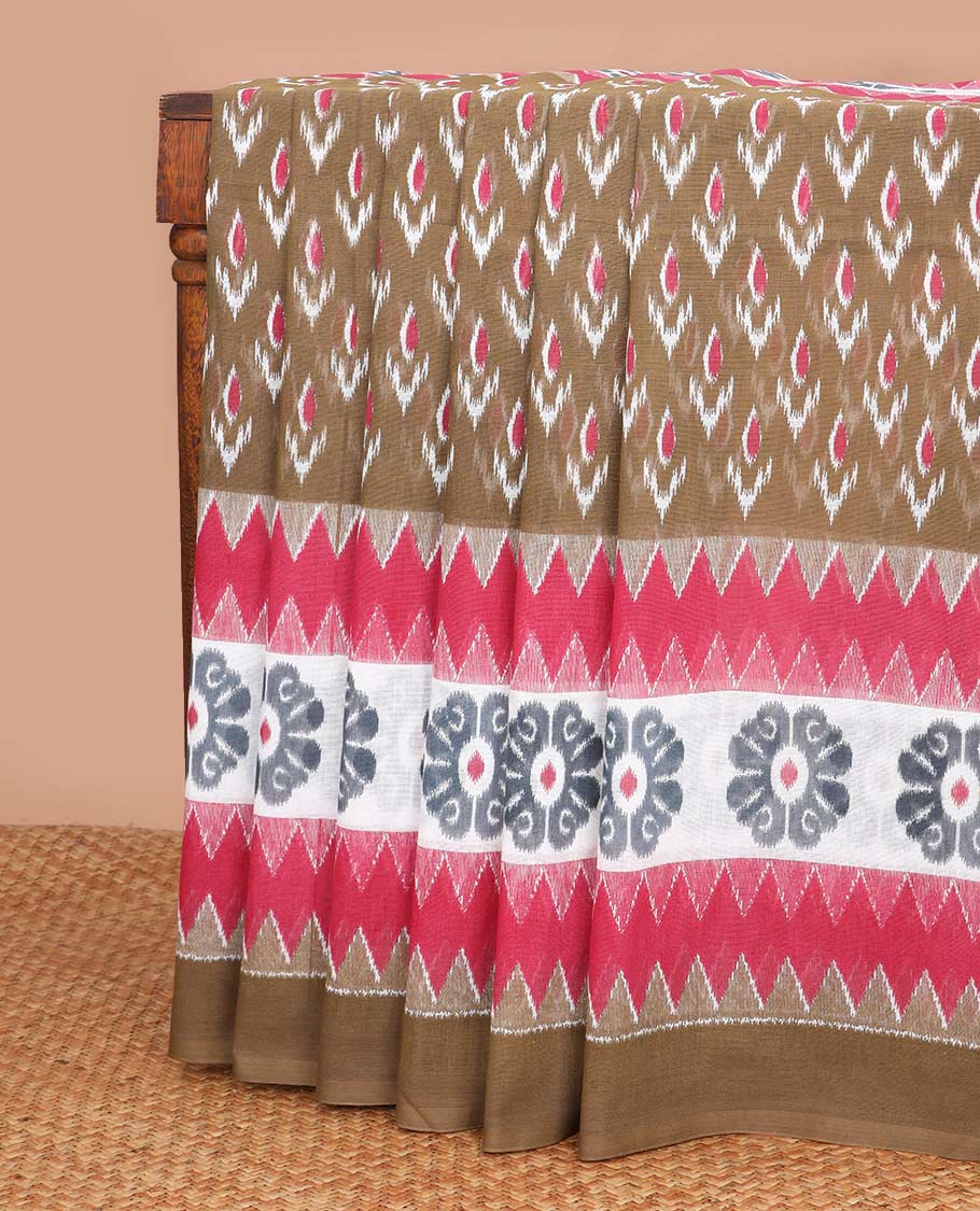 Brown floral motifs mul mul cotton saree with contrast temple, floral design border & floral design pallu