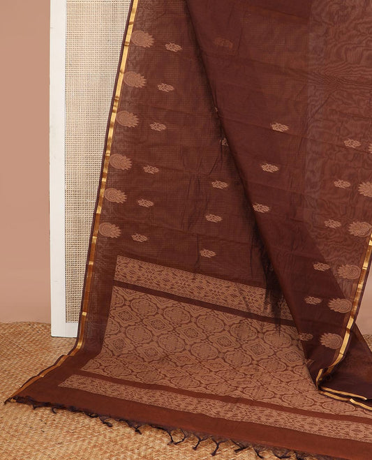 Brown motifs kanchi cotton saree with self floral border & floral design pallu