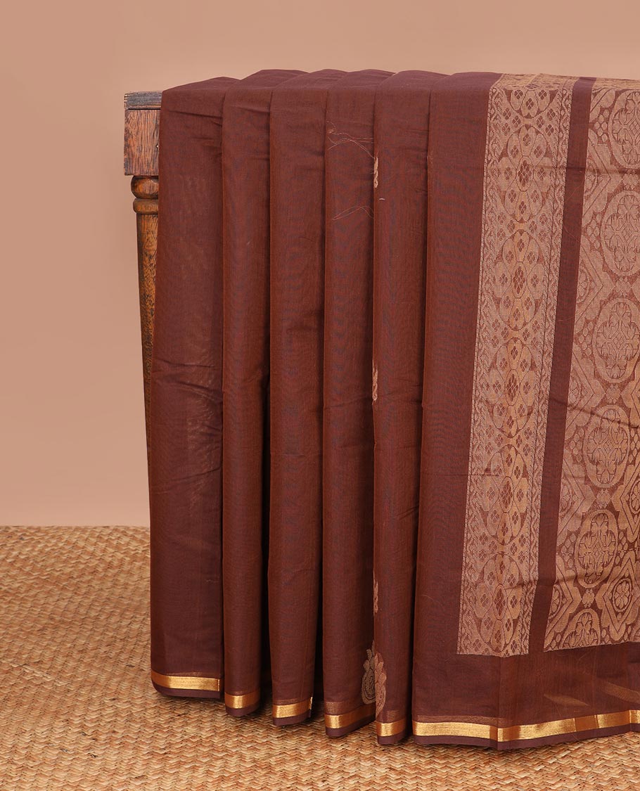 Brown motifs kanchi cotton saree with self floral border & floral design pallu