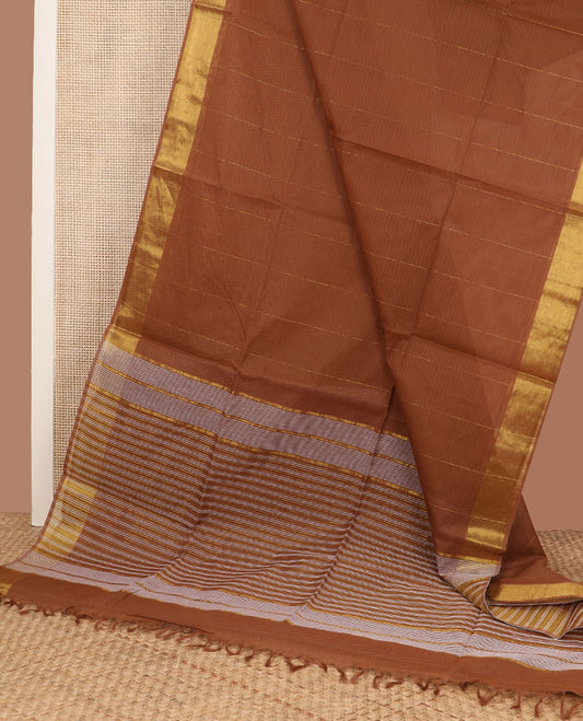 Brown striped jute cotton saree, zari border & striped pallu