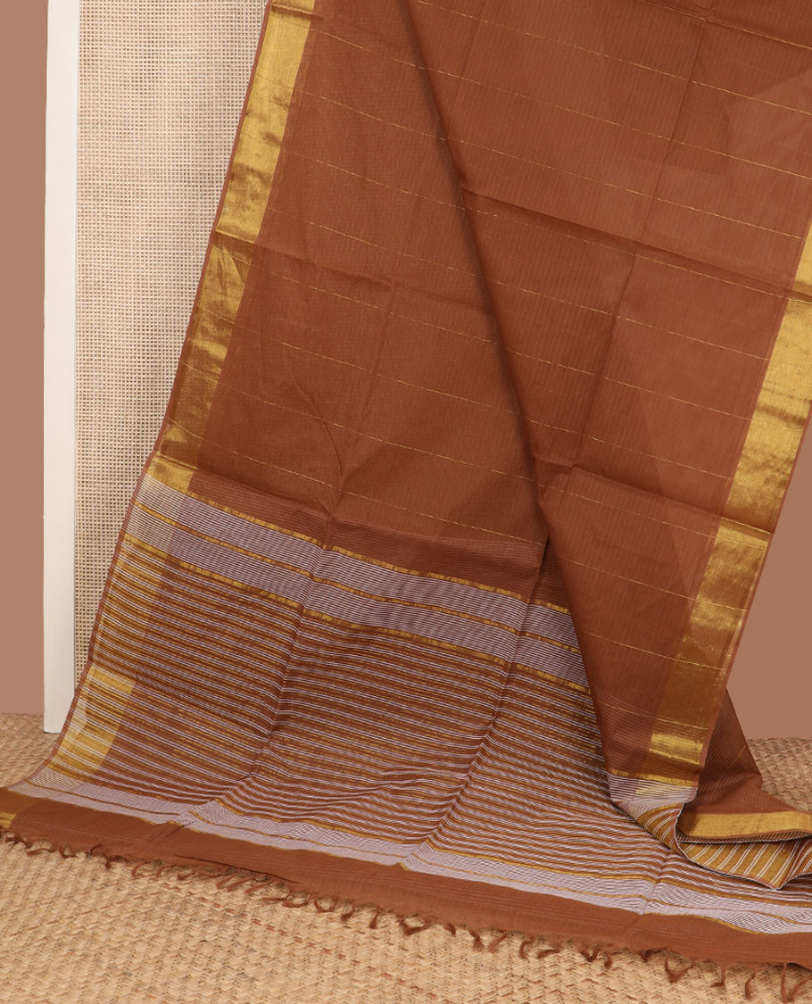 Brown striped jute cotton saree, zari border & striped pallu