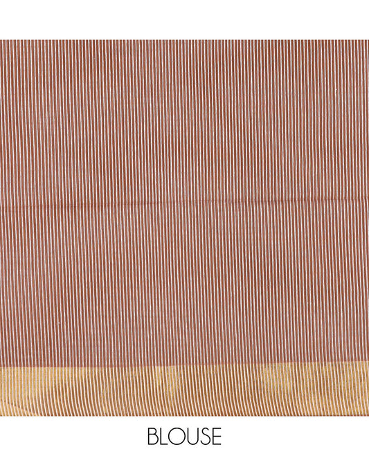 Brown striped jute cotton saree, zari border & striped pallu