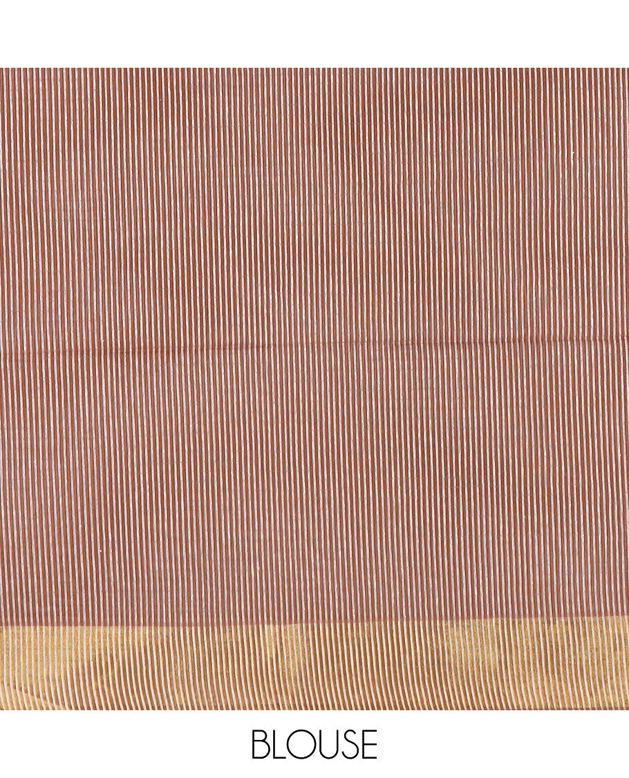 Brown striped jute cotton saree, zari border & striped pallu