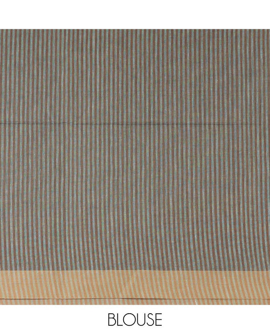Brown vertical striped jute cotton saree, Contrast striped border and striped pallu