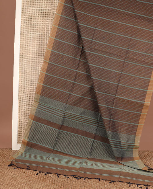 Brown vertical striped jute cotton saree, Contrast striped border and striped pallu