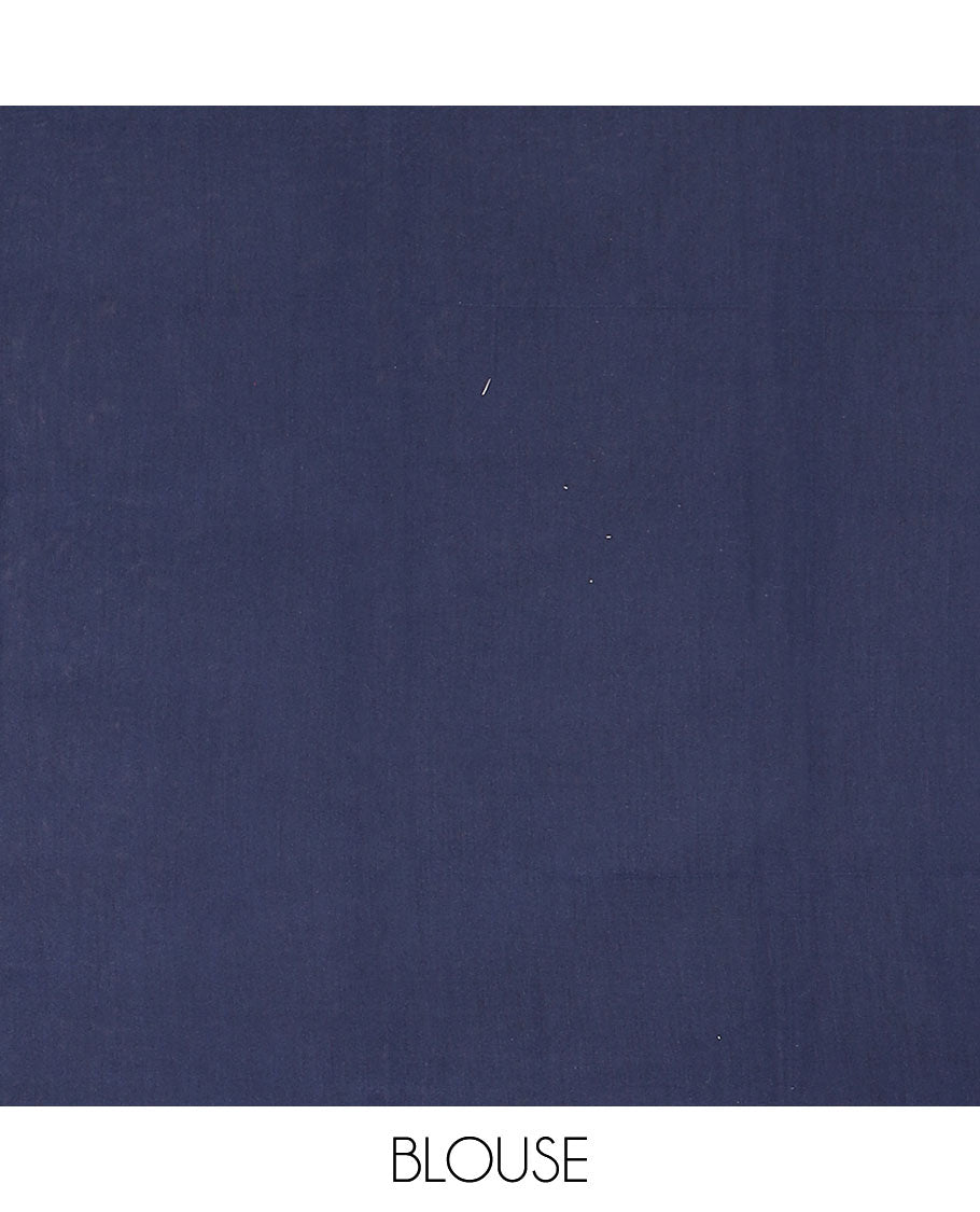 Borderless navy blue floral vine semi-silk cotton saree, pallu of paisleys & geometric patterns