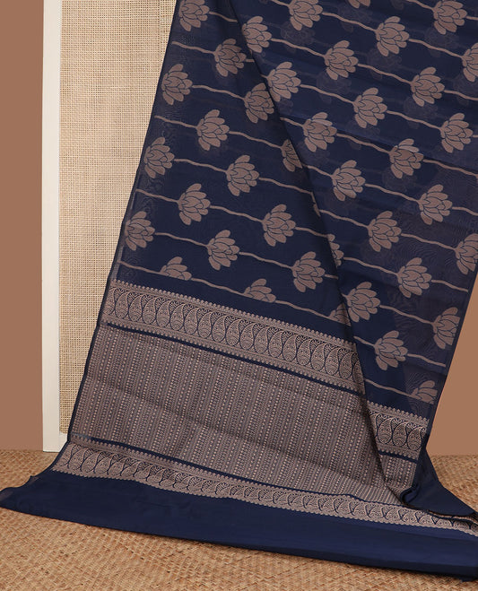 Borderless navy blue floral vine semi-silk cotton saree, pallu of paisleys & geometric patterns