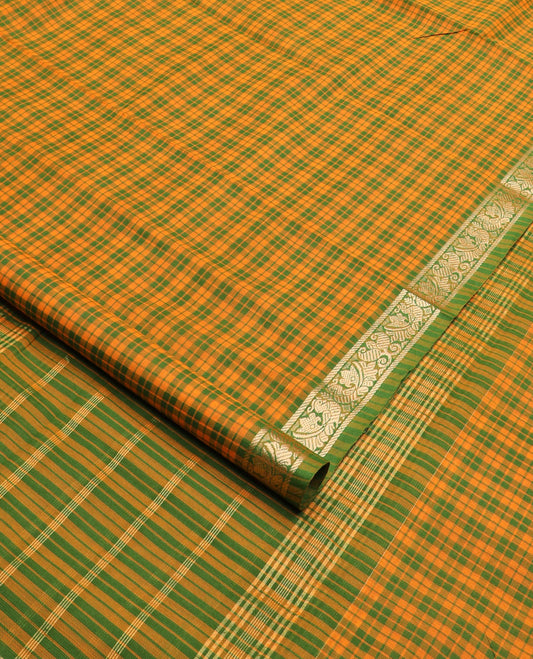 Yellow and green micro-checked nine-yard cotton saree,  traditional motifs woven border, and striped pallu