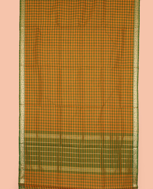 Yellow and green micro-checked nine-yard cotton saree,  traditional motifs woven border, and striped pallu