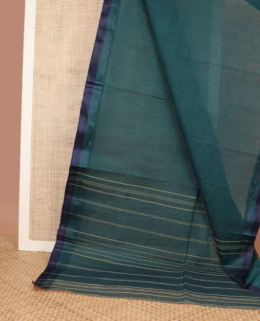 Peacock blue plain Bengal cotton saree, contrast satin plain border, and striped pallu