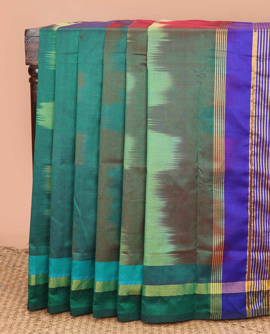 Multi-color ikkat design poly cotton saree, plain border, and contrast striped pallu