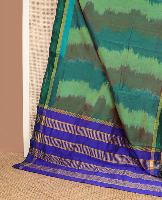 Multi-color ikkat design poly cotton saree, plain border, and contrast striped pallu