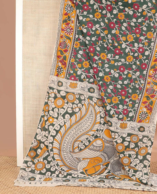 Green floral vine machine printed kalamkari cotton saree, contrast floral creeper border, and pallu of peacock, and floral vine print