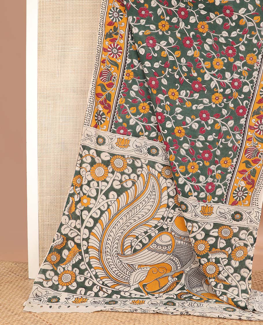 Green floral vine machine printed kalamkari cotton saree, contrast floral creeper border, and pallu of peacock, and floral vine print