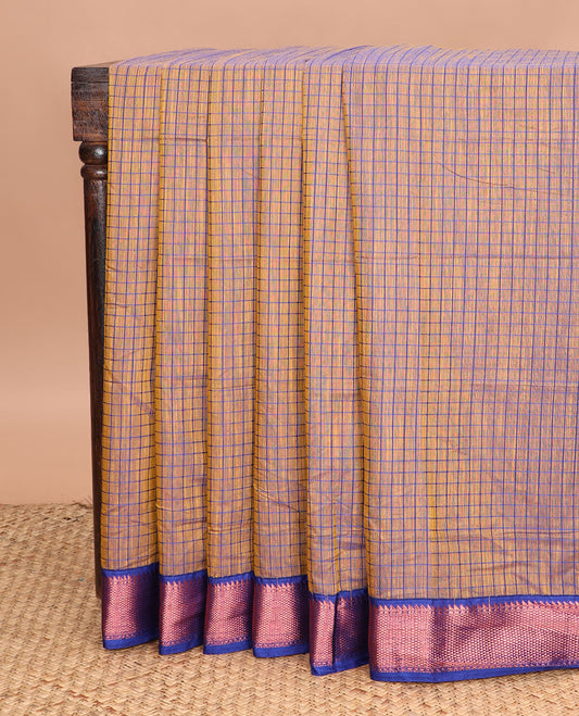 Orange dual-tone micro checked chirala cotton saree, contrast traditional zari border, and zari design pallu