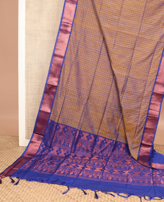 Orange dual-tone micro checked chirala cotton saree, contrast traditional zari border, and zari design pallu