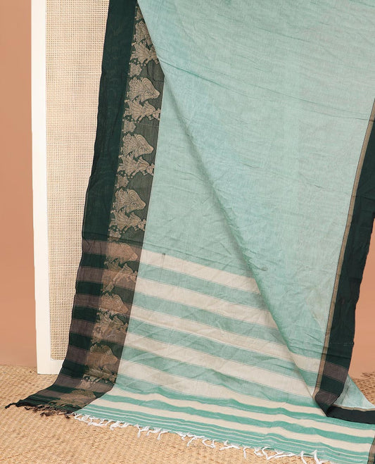 Green plain Narayanapet cotton saree, contrast wedding themed border, and striped pallu