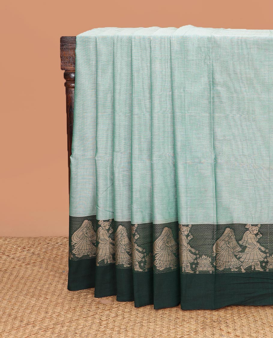 Green plain Narayanapet cotton saree, contrast wedding themed border, and striped pallu