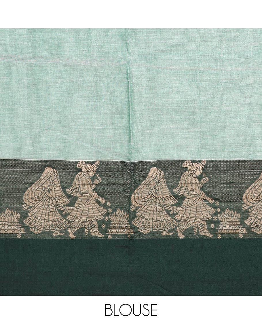 Green plain Narayanapet cotton saree, contrast wedding themed border, and striped pallu