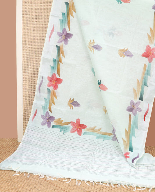 Cream hand brushing style colorful floral printed jute cotton saree, zari with printed border, and striped pallu