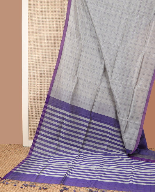 Grey checked Mangalagiri Cotton saree, contrast border, and striped pallu