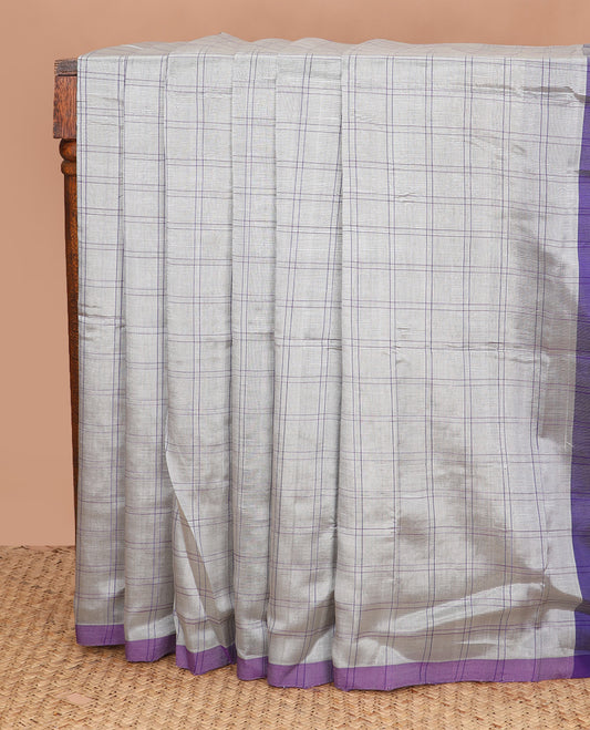 Grey checked Mangalagiri Cotton saree, contrast border, and striped pallu