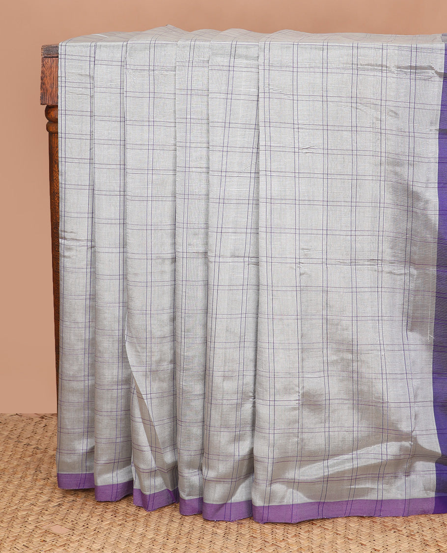 Grey checked Mangalagiri Cotton saree, contrast border, and striped pallu