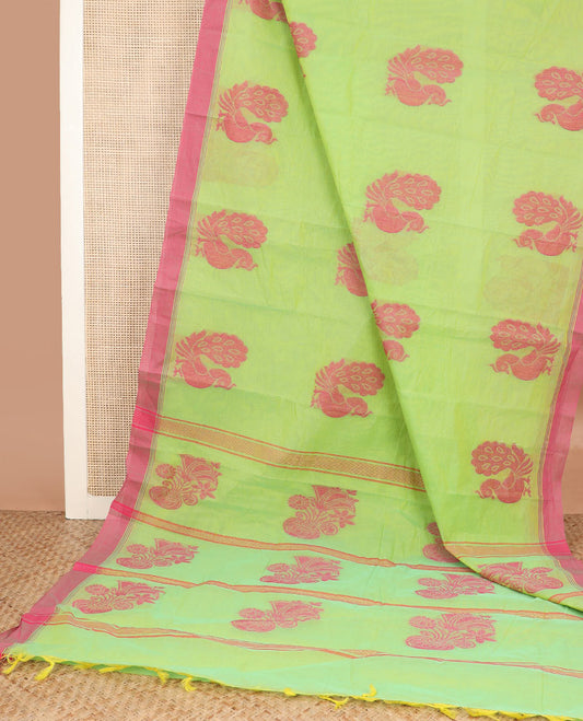 Neon green peacock buttas kanchi cotton saree, contrast plain border, and floral potted pallu