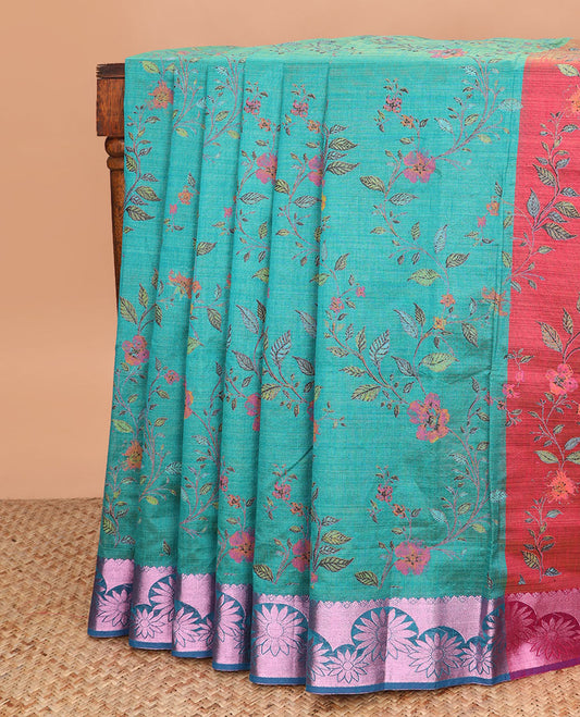Blue floral vine printed Andhra cotton saree, contrast floral rose copper zari border, and pallu of floral designs