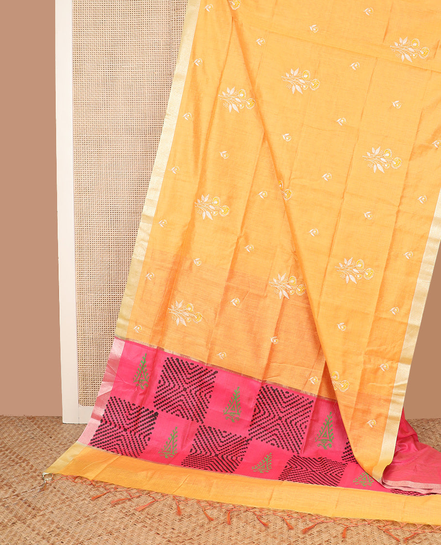Orange floral embroidered chirala cotton saree, plain border, and contrast block printed pallu