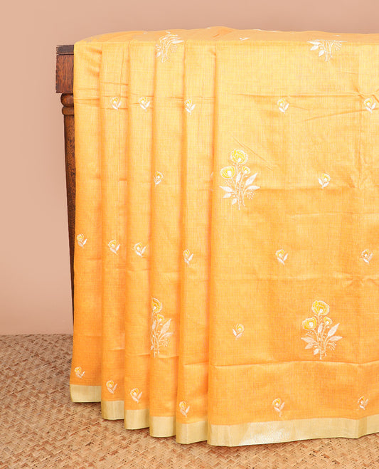Orange floral embroidered chirala cotton saree, plain border, and contrast block printed pallu