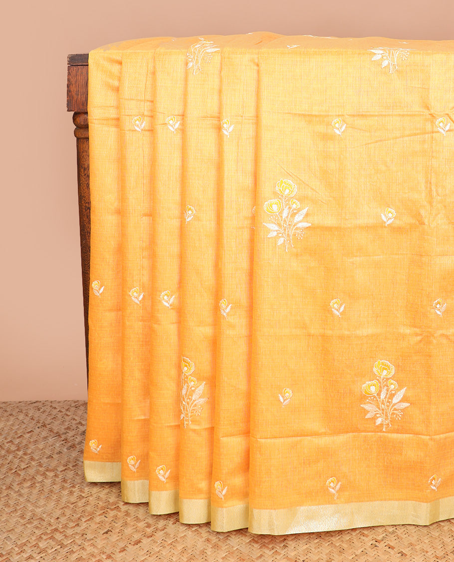Orange floral embroidered chirala cotton saree, plain border, and contrast block printed pallu