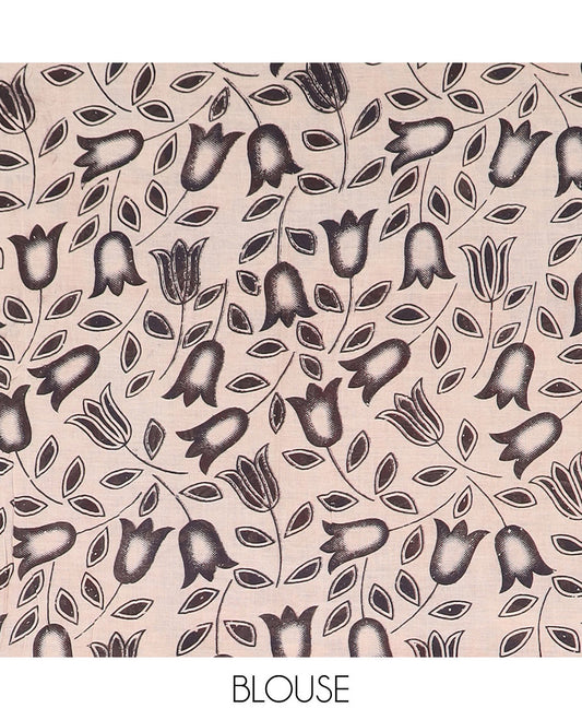 Maroon floral vine machine-printed kalamkari cotton saree, contrast peacock border, and pallu of floral and peacock print