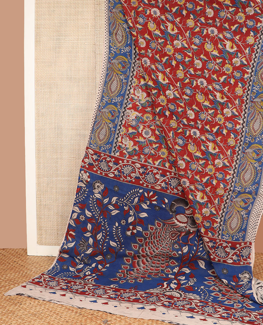 Maroon floral vine machine-printed kalamkari cotton saree, contrast peacock border, and pallu of floral and peacock print