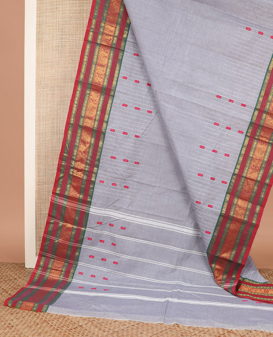 Grey striped and thread buttas Chettinad cotton saree, contrast traditional design border, and striped pallu