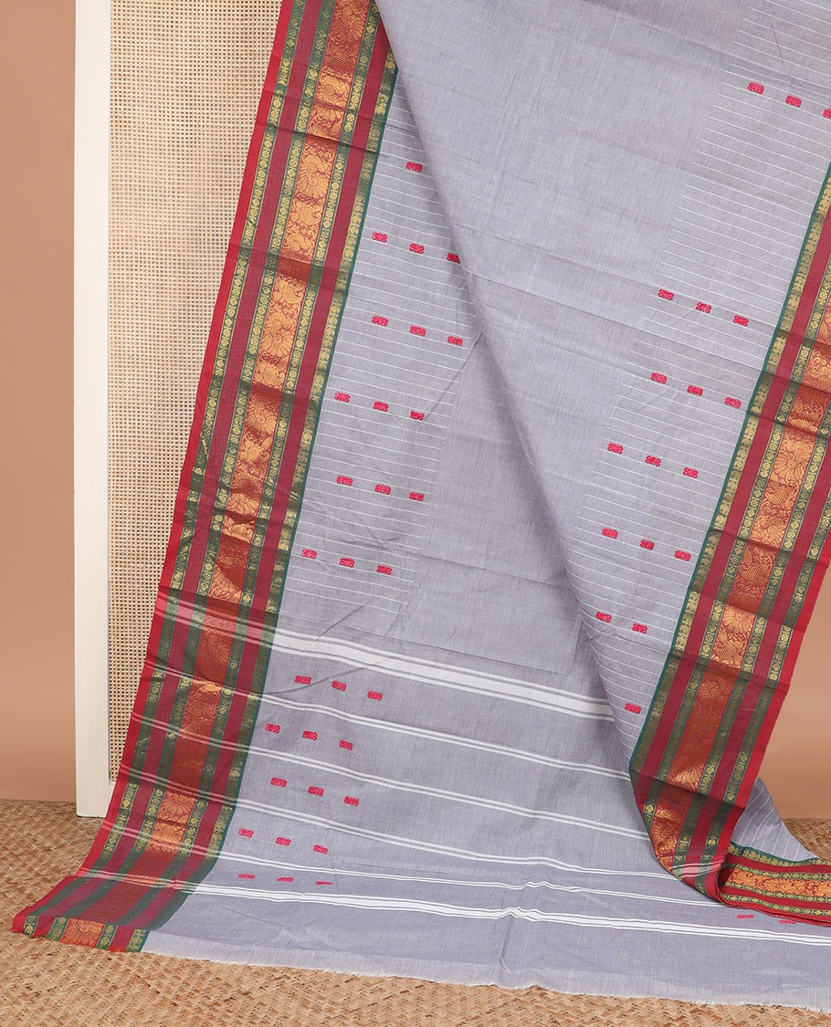 Grey striped and thread buttas Chettinad cotton saree, contrast traditional design border, and striped pallu