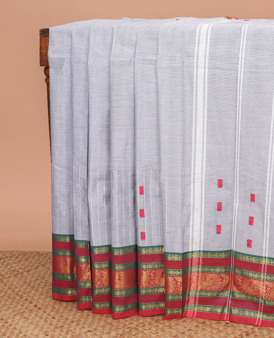 Grey striped and thread buttas Chettinad cotton saree, contrast traditional design border, and striped pallu