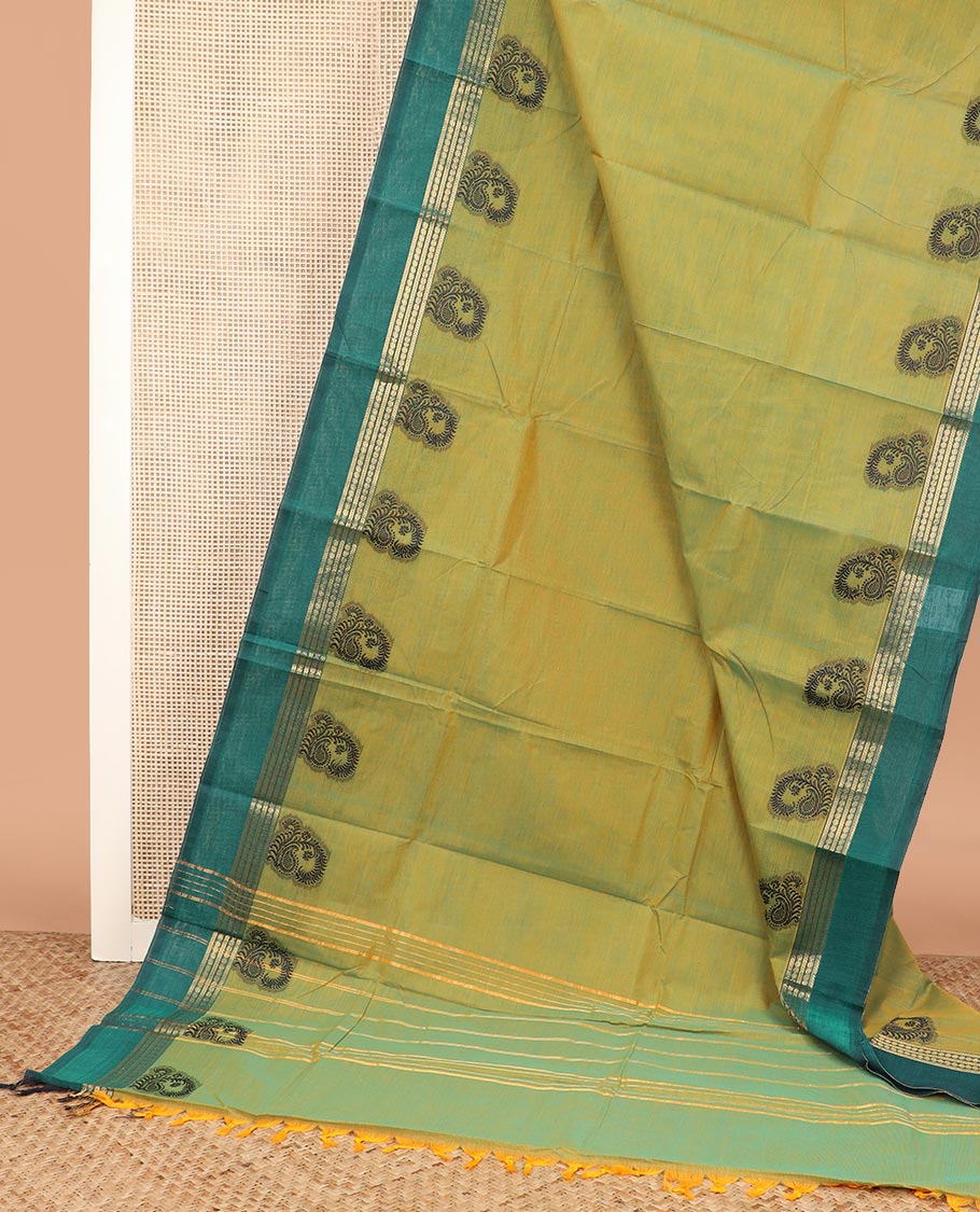 Green  dual-toned plain Chettinad cotton saree, contrast traditional zari border, and zari striped pallu