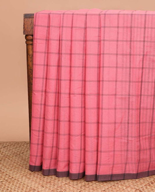 Pink checked Mangalagiri cotton saree with contrast striped border, striped pallu, and a contrast kalamkari floral printed blouse