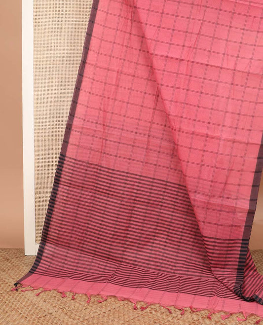 Pink checked Mangalagiri cotton saree with contrast striped border, striped pallu, and a contrast kalamkari floral printed blouse