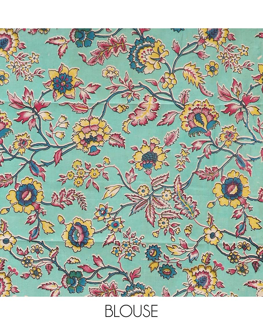 Pink checked Mangalagiri cotton saree with contrast striped border, striped pallu, and a contrast kalamkari floral printed blouse