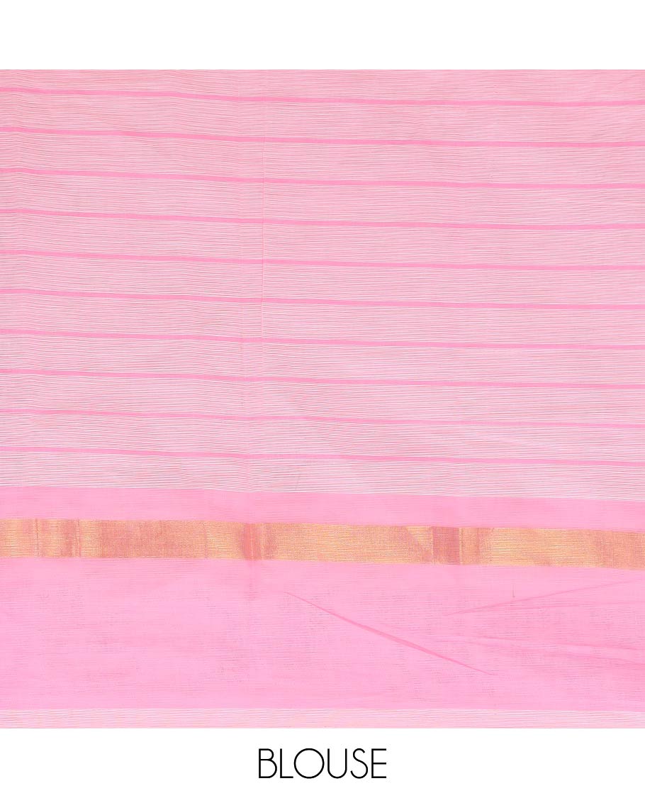 Pink striped and floral printed chirala cotton saree, printed border, and pallu of floral and checks