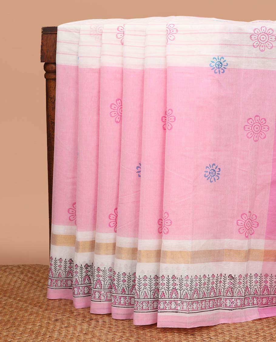 Pink striped and floral printed chirala cotton saree, printed border, and pallu of floral and checks