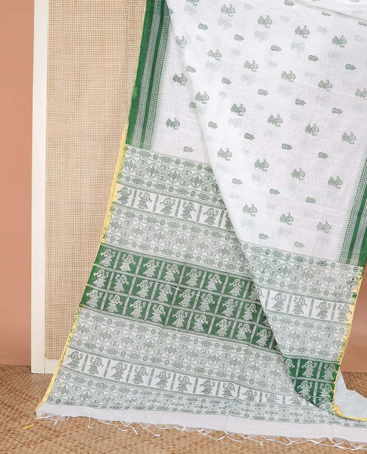White and green  motifs printed linen cotton saree, contrast temple geometric patterns printed border, and pallu of human doll and geometric print