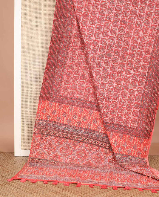 Peach floral vine machine-printed Kalamkari cotton saree, printed border, and intricately printed pallu