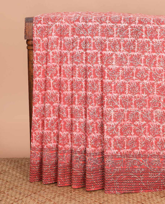 Peach floral vine machine-printed Kalamkari cotton saree, printed border, and intricately printed pallu