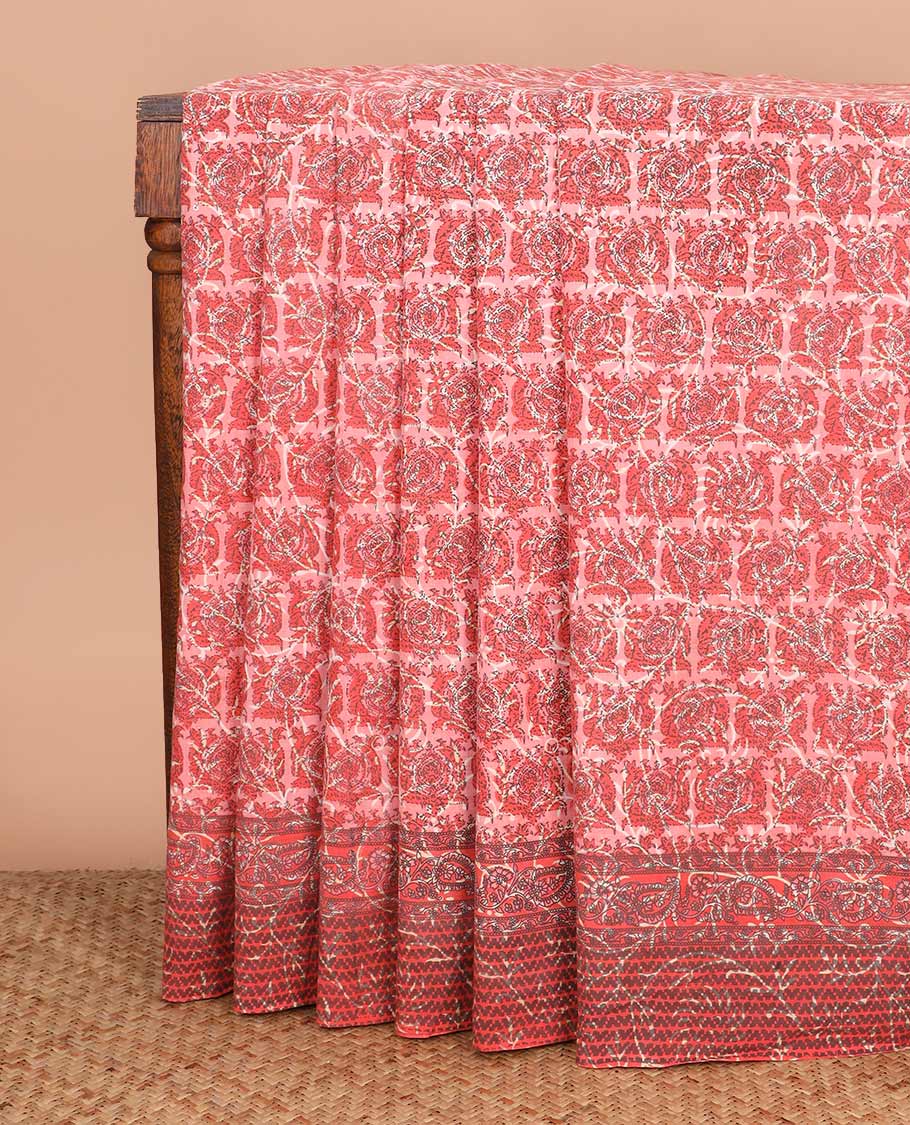 Peach floral vine machine-printed Kalamkari cotton saree, printed border, and intricately printed pallu